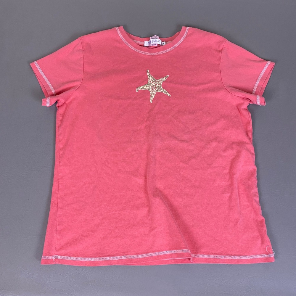 Fresh Produce T-Shirt Women's Size Large Pink Beaded Starfish Cotton‎ USA Made
